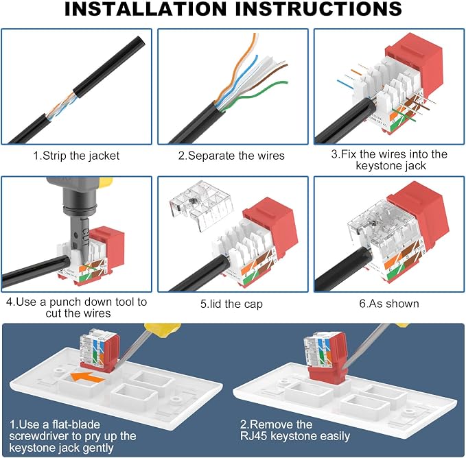 VCE UL Listed Cat6 RJ45 Keystone Jack Insert 25-Pack, 90 Degree Punch Down - Image 8