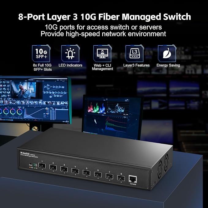 MokerLink 8 Port 10G SFP+ Managed Fiber Switch, 1G/10G SFP Slot, L3 Web/CLI - Image 2