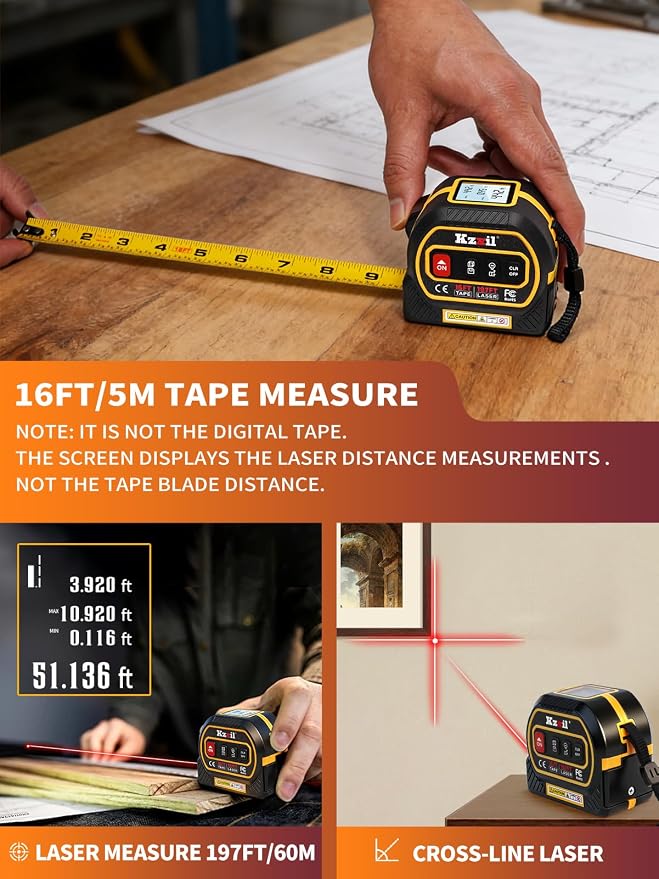 4-in-1 Tape Measure 196ft Laser Tape Measure 16ft Manual Tape - Image 4