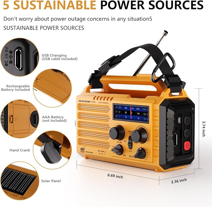 Emergency Weather Radio, 5 Ways Powered Crank Solar Radio, Portable - Image 3