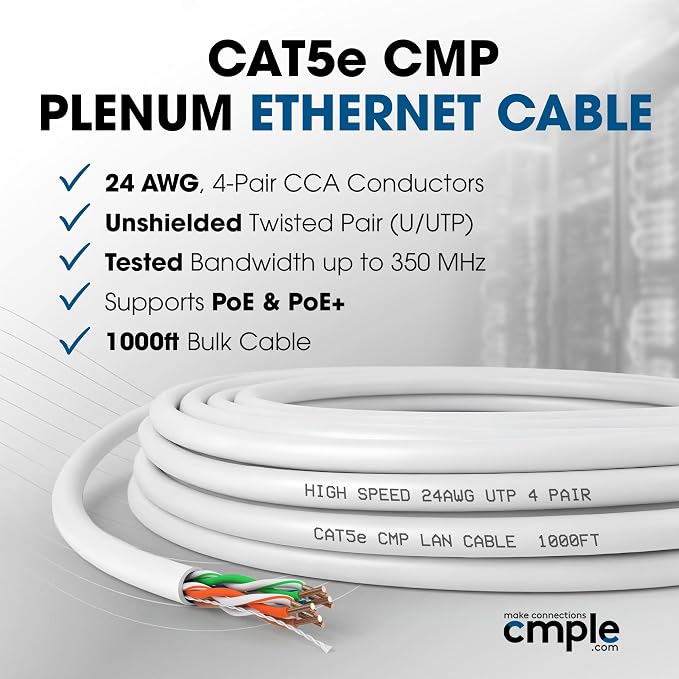 Cmple - Cat5e Plenum Cable 1000ft, 350MHz Gigabit Ethernet Solid Network - Image 2