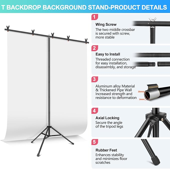 White Backdrop with Stand for Photoshoot, 5X6.5ft White Photo Backdrop with T - Image 6