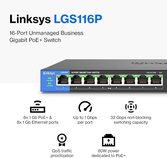 Linksys LGS116P 16 Port Gigabit Unmanaged Network PoE Switch - Image 2