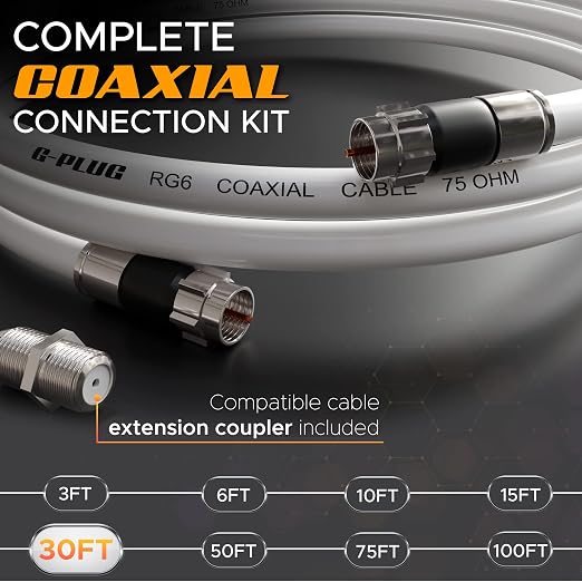G-PLUG 30FT RG6 Coaxial Cable Connectors Set- High-Speed Internet, Broadband - Image 2