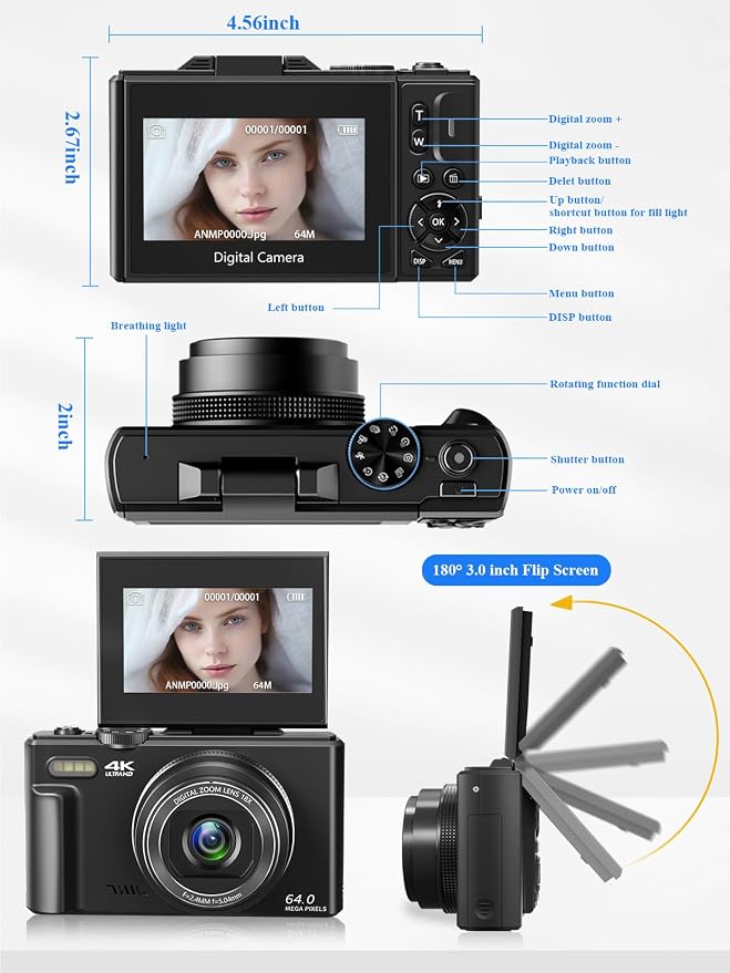4K Digital Camera for Photography, 64MP Vlogging Camera for YouTube, WiFi Vlog - Image 8