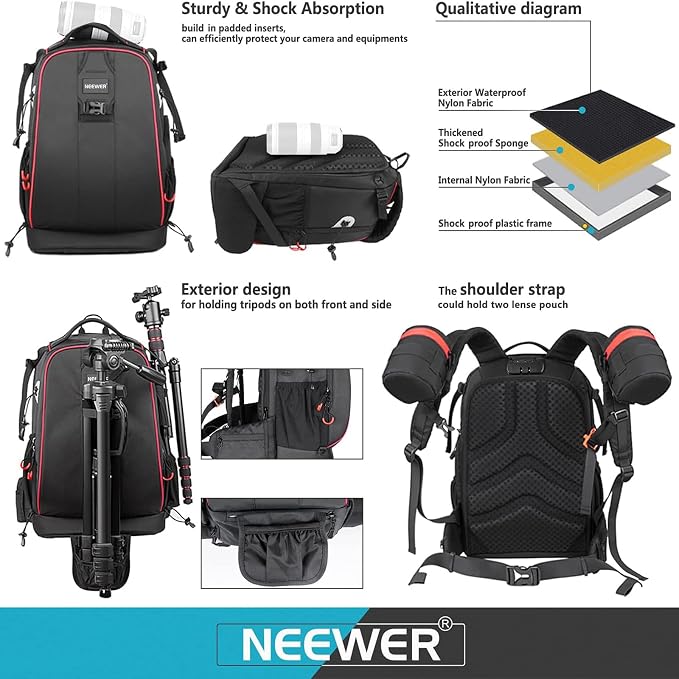 Neewer Pro Camera Case Waterproof Shockproof Adjustable Padded Camera Backpack - Image 6