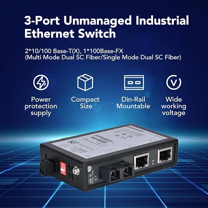 InHand Networks 3 Port Unmanaged Industrial Ethernet Switch, Media Converter - Image 2