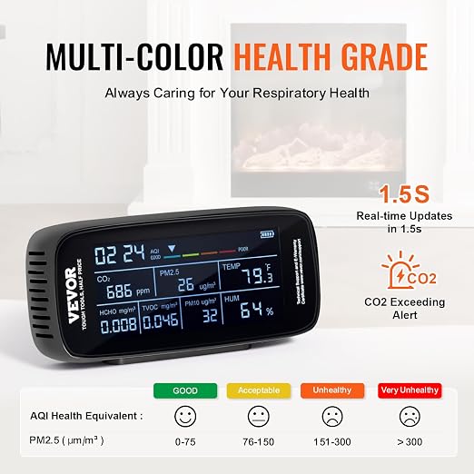 VEVOR Air Quality Monitor 9-in-1, Temperature, Formaldehyde TVOC AQI Tester - Image 3