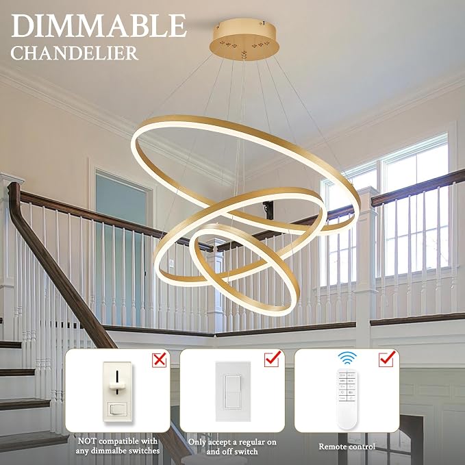 3-Rings Modern LED Chandelier Gold, Dimmable Pendant Lighting - Image 7