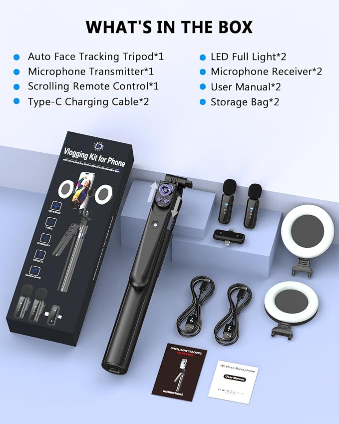 Vlogging Kit for iPhone/Android, 63”Auto Face Tracking Tripod for iPhone - Image 8