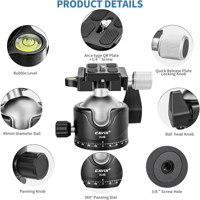 CAVIX Tripod Ball Head with 1/4" Arca Swiss Quick Release Plate Aluminium - Image 2