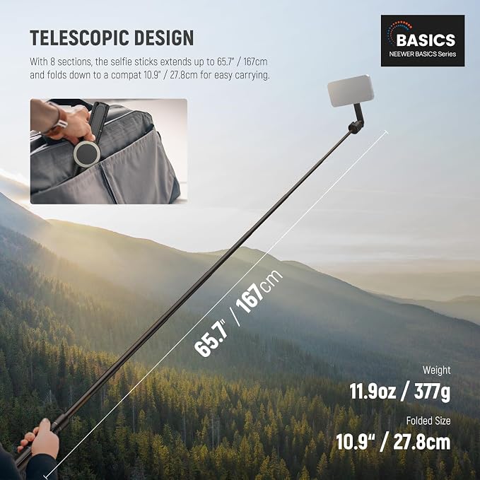 NEEWER Basics 5.48' Magnetic Selfie Stick Tripod Compatible - Image 2