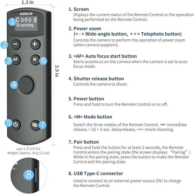 AODELAN for Canon Rechargeable Wireless Shutter Release Camera Remote Control - Image 5