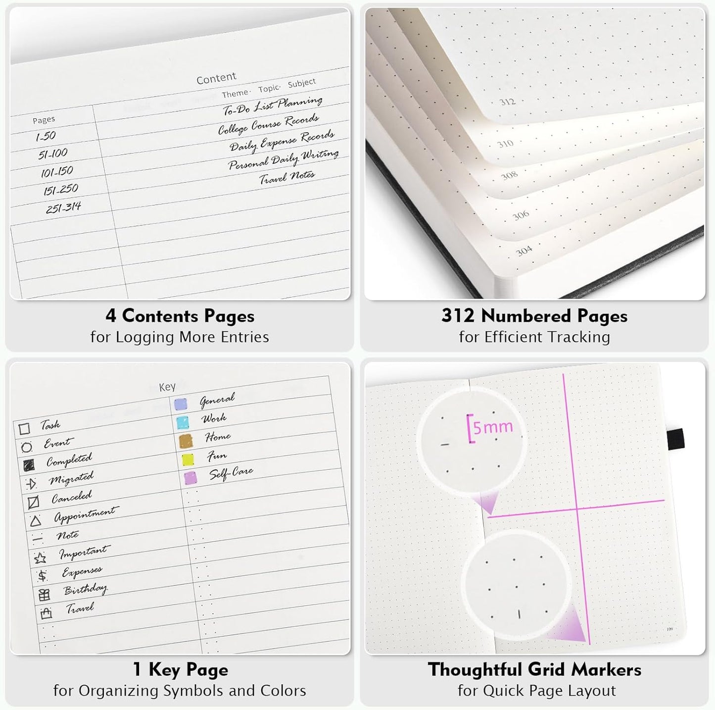Bullet Dotted Journal Notebook, A5 Hardcover Dot Journal, 312 Numbered Pages Leather Journal, 100gsm No Bleed Paper Dot Grid Notebook with Index Pages for Women Men, 5.75" x 8.38", Blue