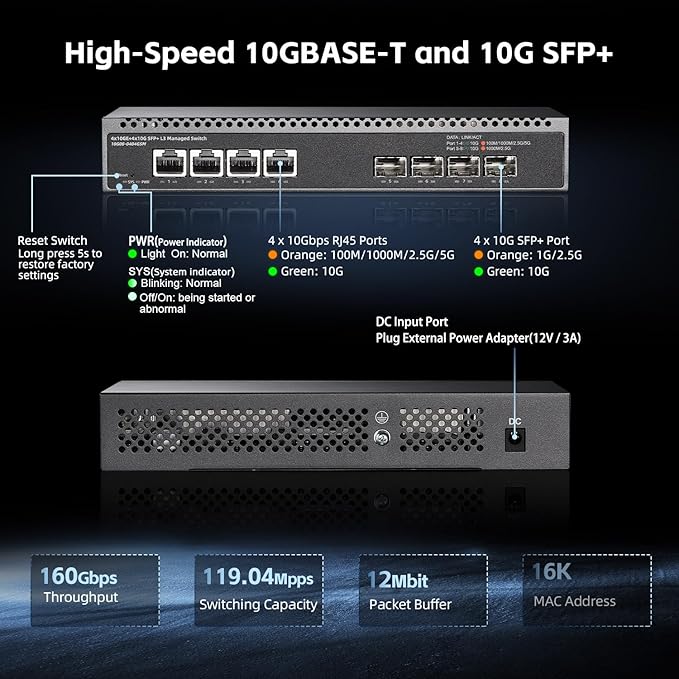 8 Port 10 Gigabit Managed Switch, 4x10G RJ45 Ethernet, 4x10G SFP+, 160Gbps - Image 3