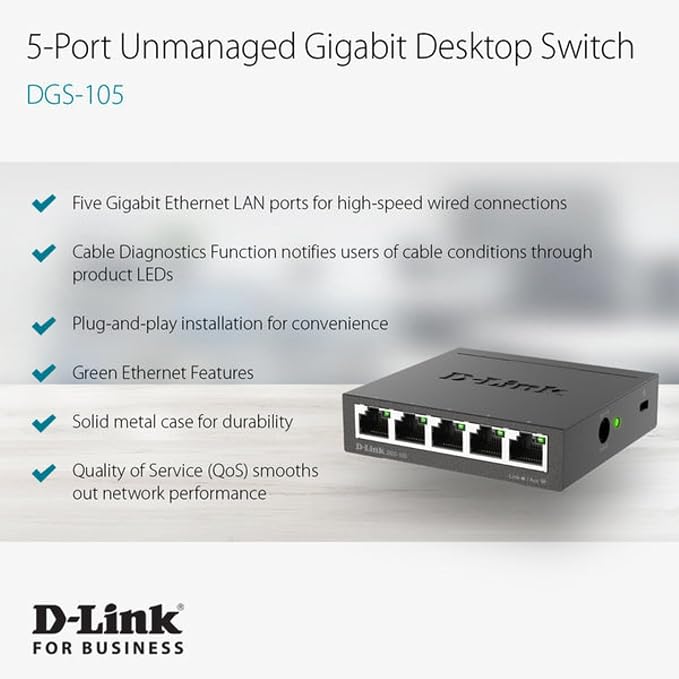 D-Link DGS-105, 5 Port Gigabit Ethernet Switch Unmanaged, Network Splitter - Image 3