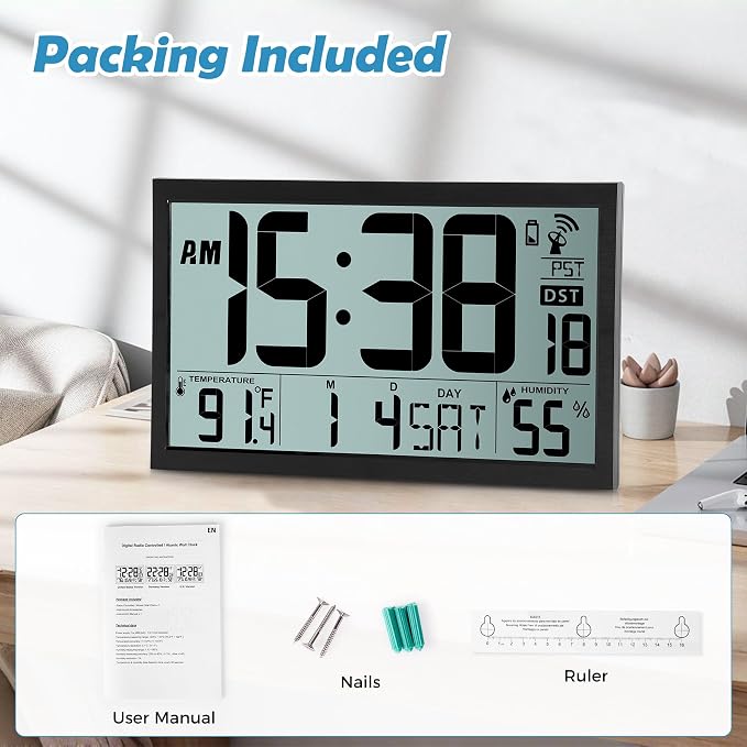 SZELAM Atomic Clock, 16.7" Large Display Digital Wall Clock Battery Operated - Image 8