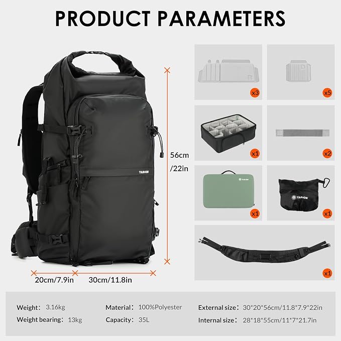 TARION Large Camera Backpack for Photographers - 35L Expandable DSLR Waterproof - Image 9