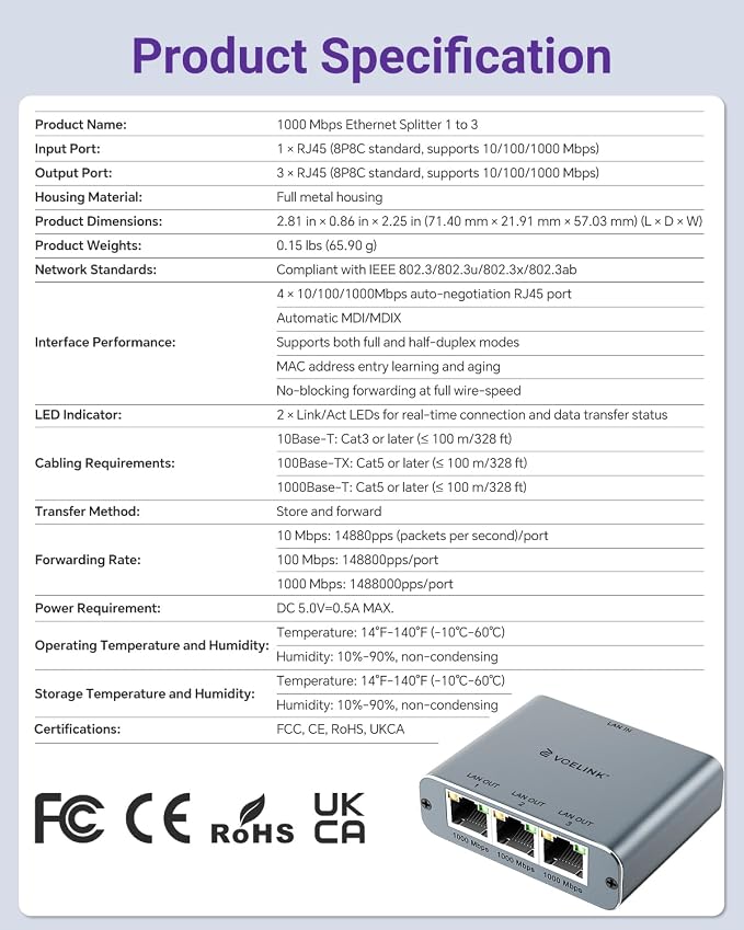 VCELINK Gigabit Ethernet Splitter 1 to 3, 1000Mbps Network Splitter - Image 7