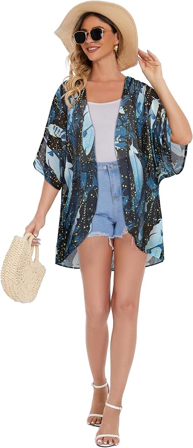 Women's Floral Print Puff Sleeve Kimono Cardigan Loose Cover Up Casual Blouse - Image 6