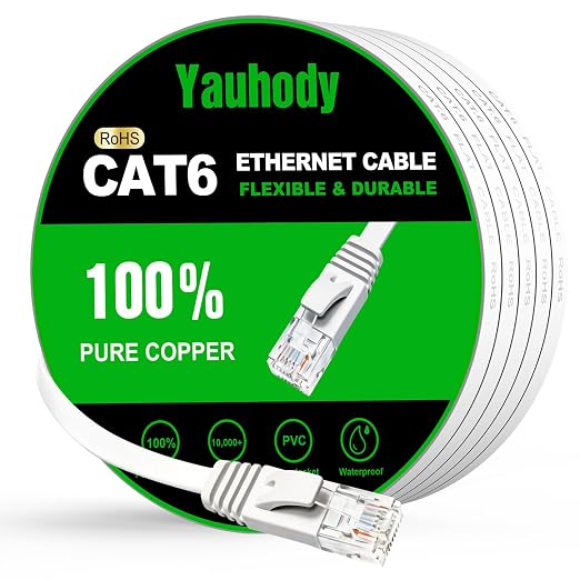 Yauhody CAT 6 Ethernet Cable 50ft White, High Speed Solid Flat CAT6 Gigabit by Yauhody