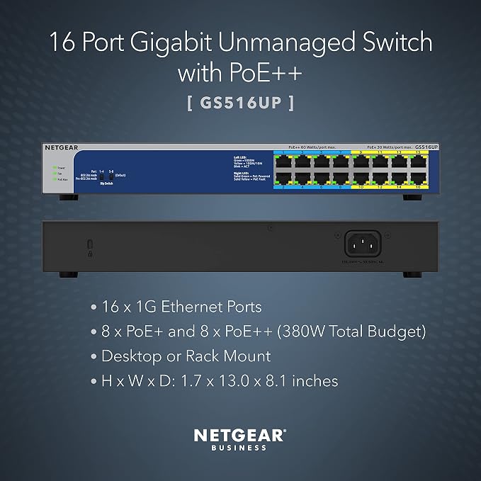 NETGEAR 16-Port Gigabit Ethernet Unmanaged 380W PoE Switch - Image 2