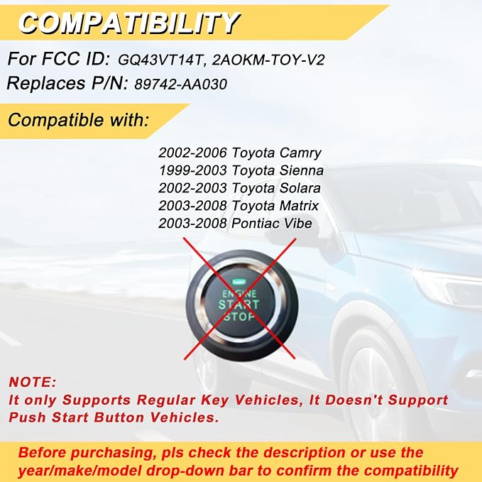 Vurkcy Key Fob Replacement for 2002-2006 Toyota Camry/ 03-08 Matrix/ 99-03 - Image 2