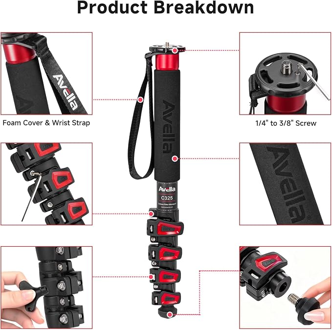 Avella C325 58 Inch Carbon Fiber Camera Monopod Professional Telescopic Monopods - Image 2
