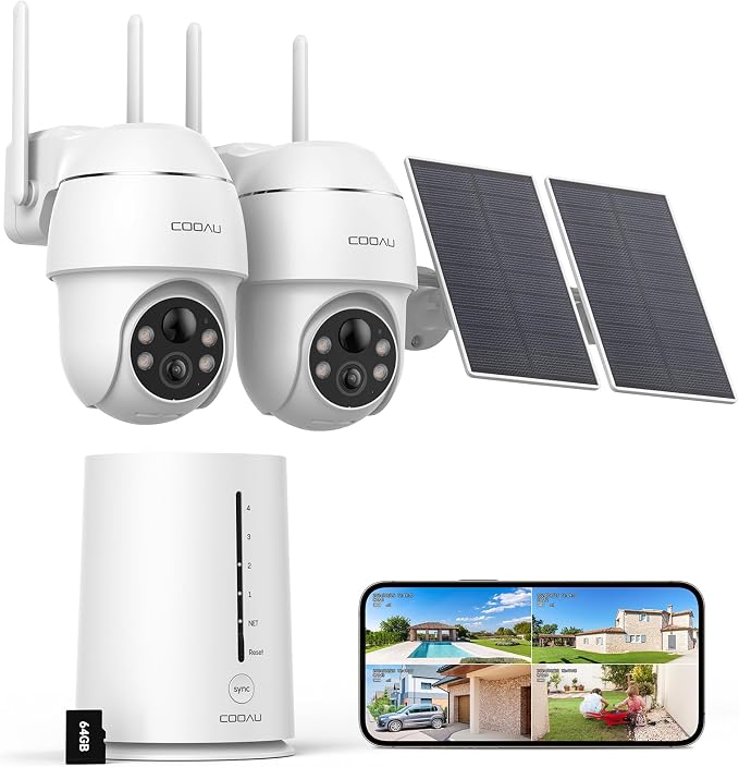 COOAU 4MP Solar Security Cameras Wireless Outdoor, 64GB Local Storage Outdoor by COOAU
