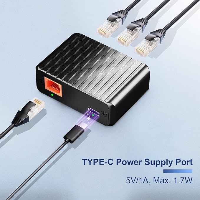 Binardat 1 to 3 Gigabit Network Splitter, 4 Port Ethernet Switch, Type-C Power - Image 4