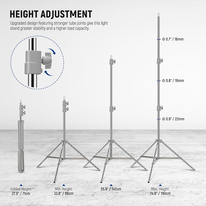 NEEWER Upgraded 75"/190cm Light Stand Stainless Steel Spring Loaded, Foldable - Image 3