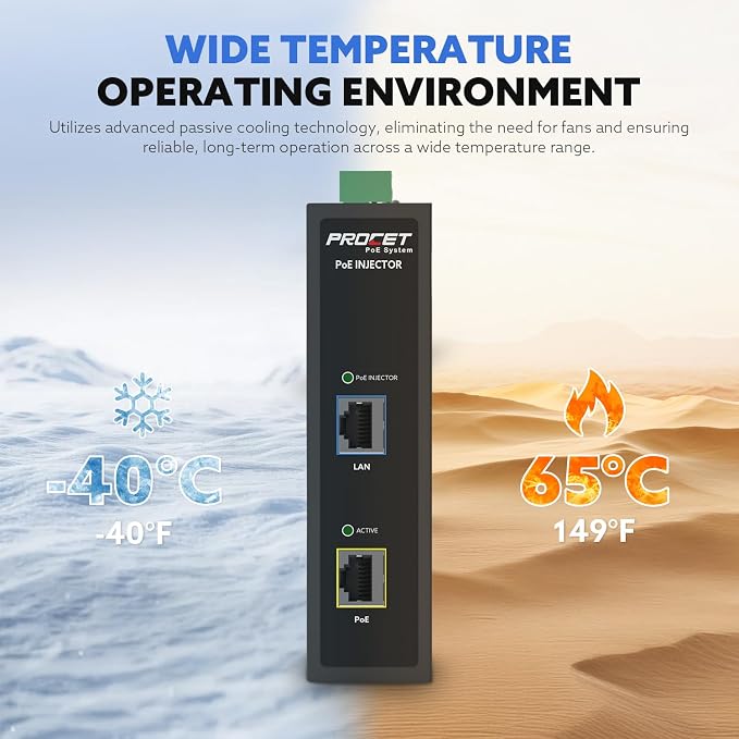 PROCET 10 Gbps PoE+ Gigabit Injector Din Rail, 30W Industrial Boost PoE Adapter - Image 5