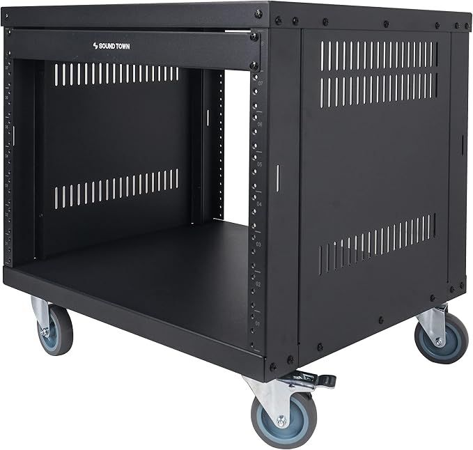 Sound Town 8U Universal Steel Rack, w/Mesh Doors, Locking Casters, Vented Side - Image 3