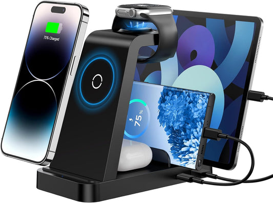 Wireless Charger for iPhone - 5 in 1 Charging Station for Multiple Devices Apple: Fast Wireless Charging Stand Dock for iPhone 17 16e 16 15 14 13 12 Pro Max Apple Watch Airpods