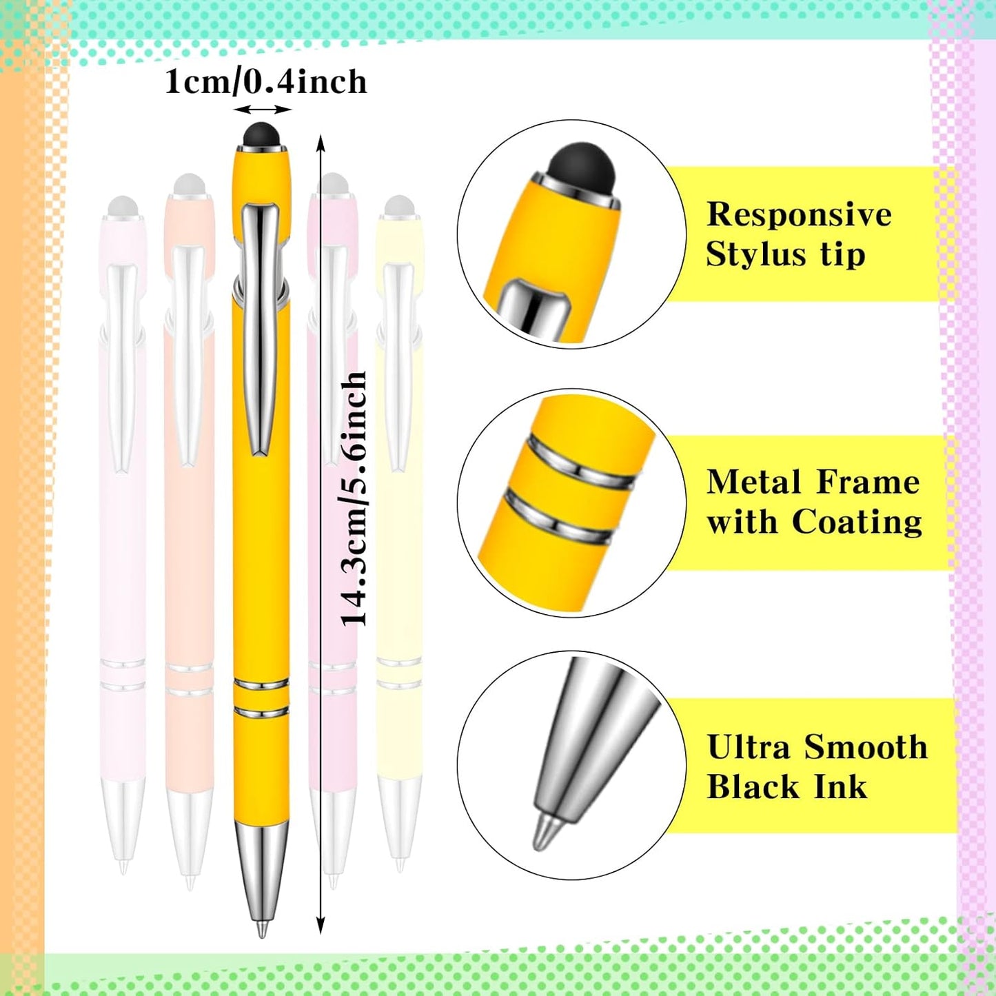 Zonon 38 Pieces Rubberized Ballpoint Pen with Stylus Tip Stylish Metal Pen Capacitive Styli with Soft Rubberized Grip, Black Ink for Most Devices(Assorted Colors)