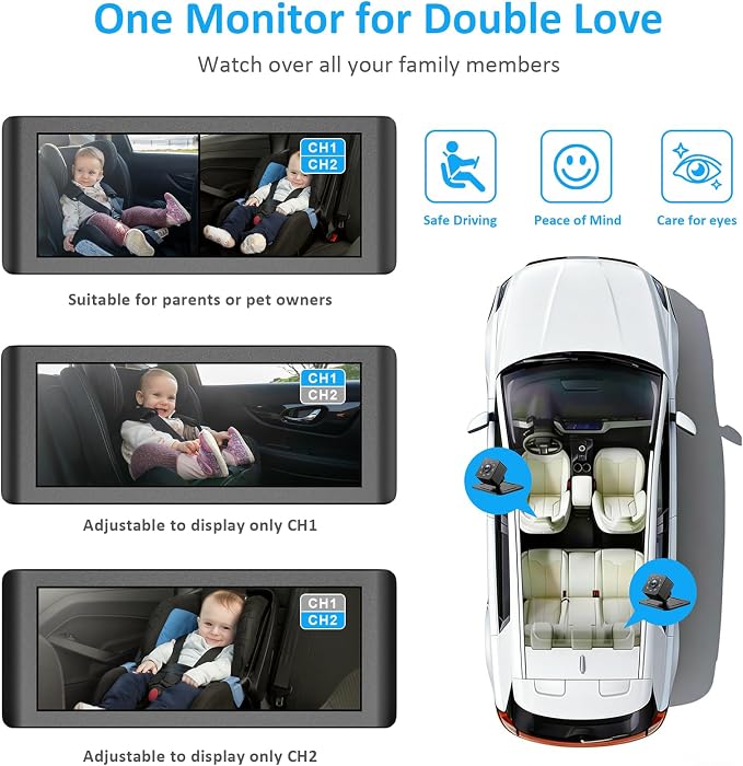 Baby Car Camera for 2 Kids, 6.86" 1080P HD Split Screen Baby Monitor - Image 3