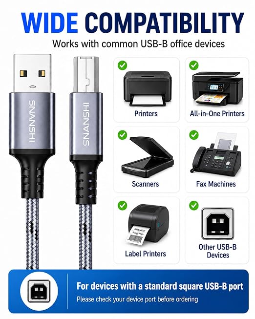 SNANSHI USB Printer Cable 6ft, Nylon Braided Printer Cable to USB Stable Wired - Image 7
