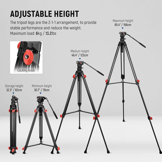 NEEWER Video Tripod with Fluid Head, Heavy Duty Aluminum Compact Portable - Image 2