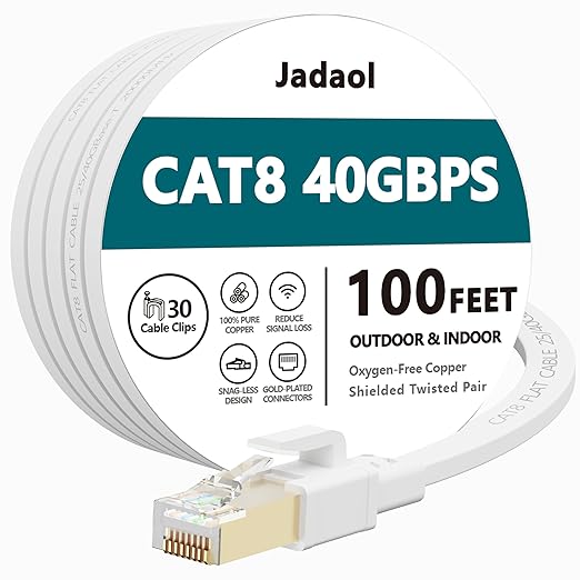 Jadaol Cat 8 Ethernet Cable 100ft, 40Gbps 2000MHz Flat S/FTP LAN Patch Cable by Jadaol