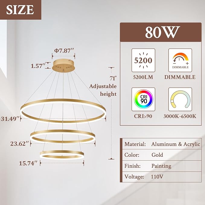3-Rings Modern LED Chandelier Gold, Dimmable Pendant Lighting - Image 3
