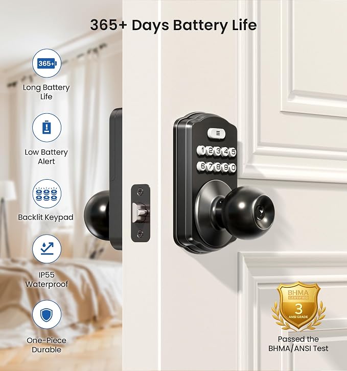 Veise KS03 Keypad Door Knob Lock, Keyless Entry Digital Lock - Image 3