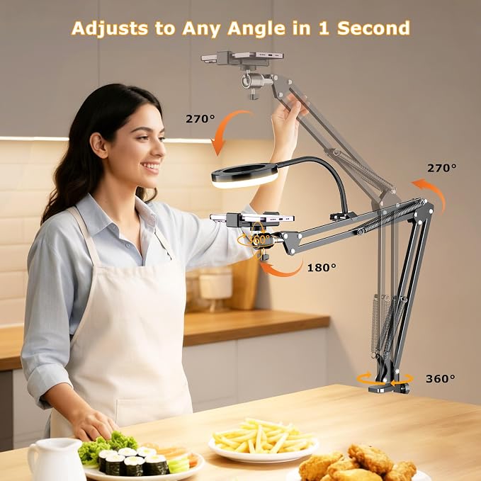 Overhead Camera Mount with Ring Light, Flexible Articulating Phone Arm Stand - Image 7