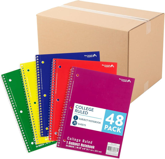 Blue Summit Spiral Notebooks Bulk, One Subject Spiral Notebook College Ruled, Perforated Notebook, 8 x 10.5 for Work and School, Paper, College Ruled, Bulk 48 Pack