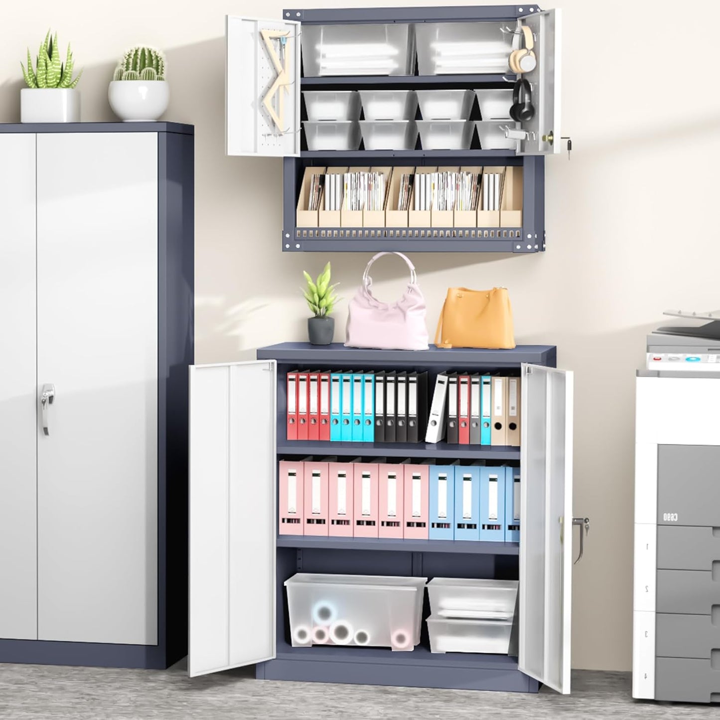 Greenvelly Metal Garage Storage Cabinet, Lockable Metal Cabinets with 2 Doors and Shelves,36”Steel Storage Locking Counter Cabinet for Office,Garage,Kitchen,Home,School(Grey White)