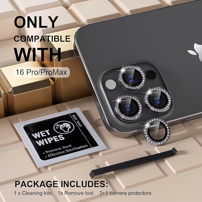 Misea Compatible for iPhone 16 Pro/iPhone 16 Pro Max Camera Lens Protector Bling - Image 2