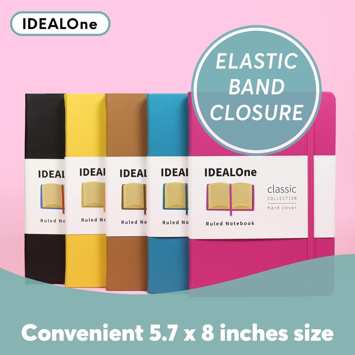 IDEALOne Dotted Classic Hardcover Notebook Journal – For Work, Home, School, 5.7 x 8 inches, 160 Pages, 100GSM, with Elastic Band Closure and Ribbon Bookmark (Caramel Brown, Single)