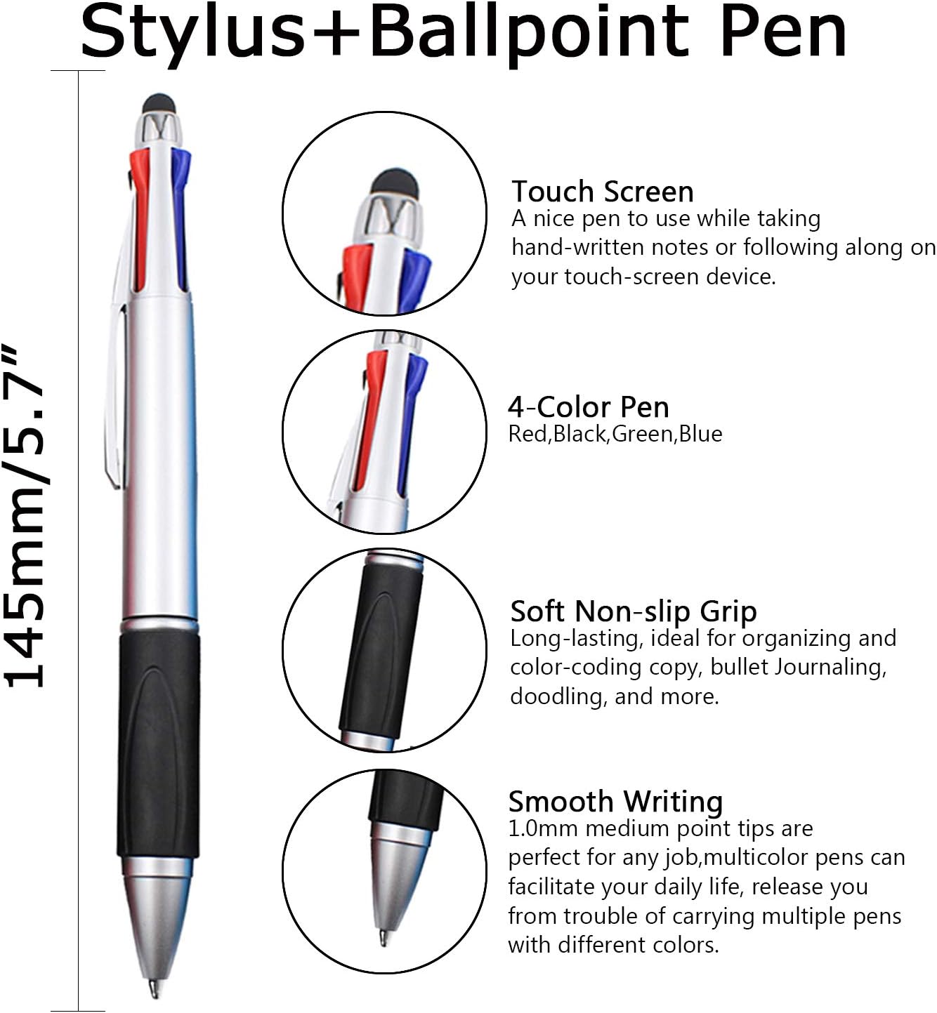 MiSiBao Stylus Pen for Touch Screen 4 Color in One Multi-Colored Ballpoint Pens Black Medium Point for iPad (1.0mm), 8-Pack
