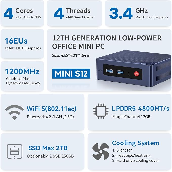 Beelink Mini PC, Mini S12 Intel 12th Gen 4-Core N95, Mini Computer 12GB LPDDR5 - Image 2
