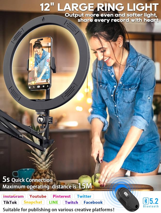 Upgrade Ring Light Overhead Phone Mount, 12”Circle LED Desk Ring Light - Image 2