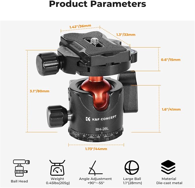 K&F CONCEPT Professional 28mm Metal Tripod Ball Head 360 Degree Rotating - Image 2